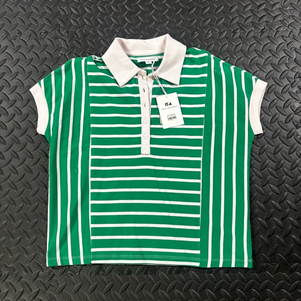 NWT Free Assembly Green White Striped Polo Shirt XS - Picture 2 of 11
